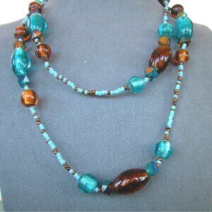 Artisan Beaded Necklace With Blue & Amber Glass Beads 36"